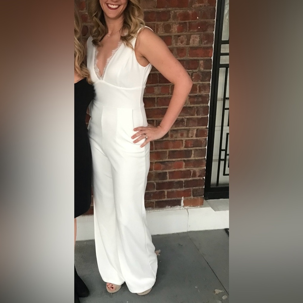White V Neck with Lace Trim Jumpsuit size Medium
